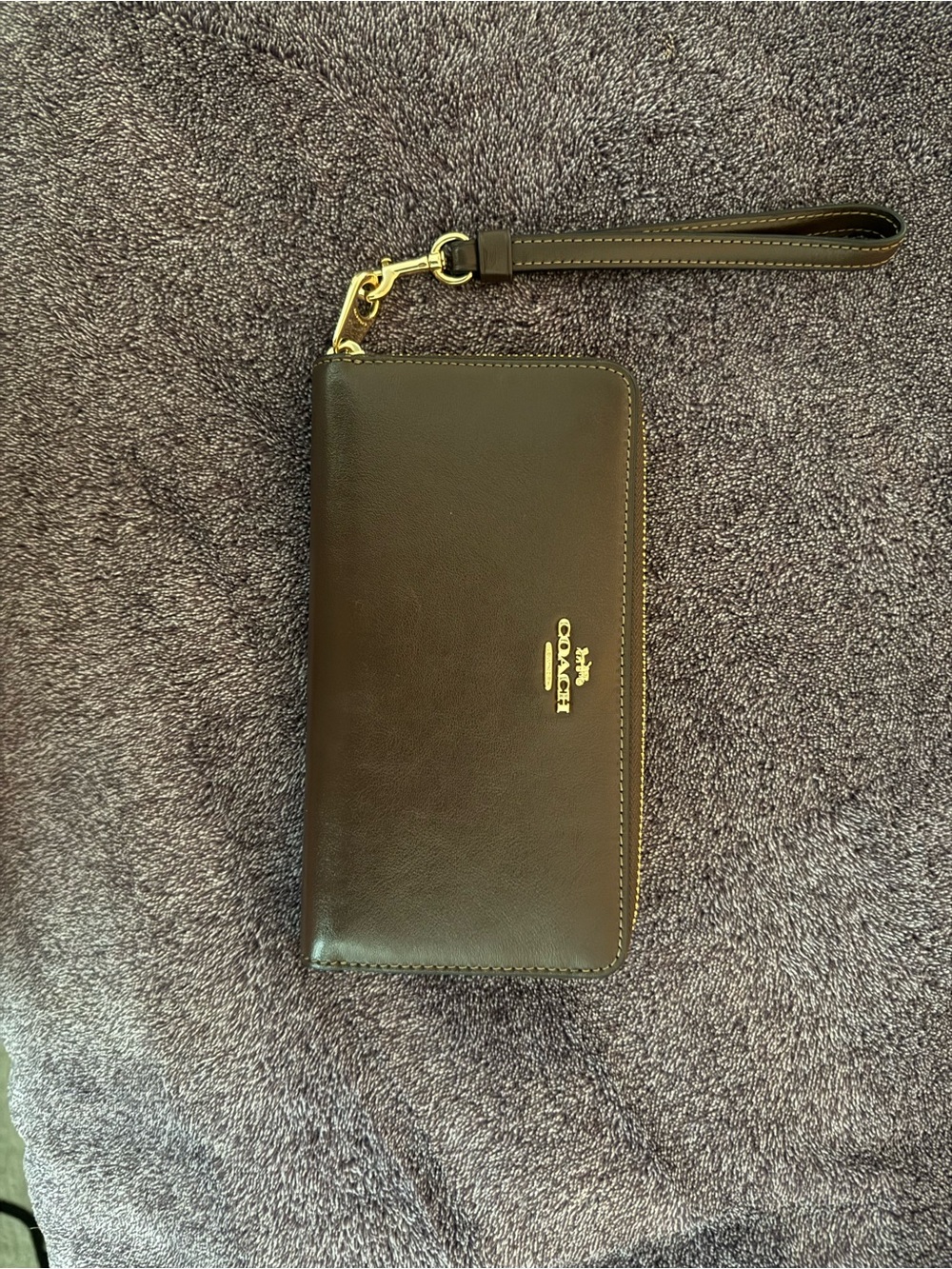 Coach Dark Brown Leather Wristlet Wallet with Gold Hardware